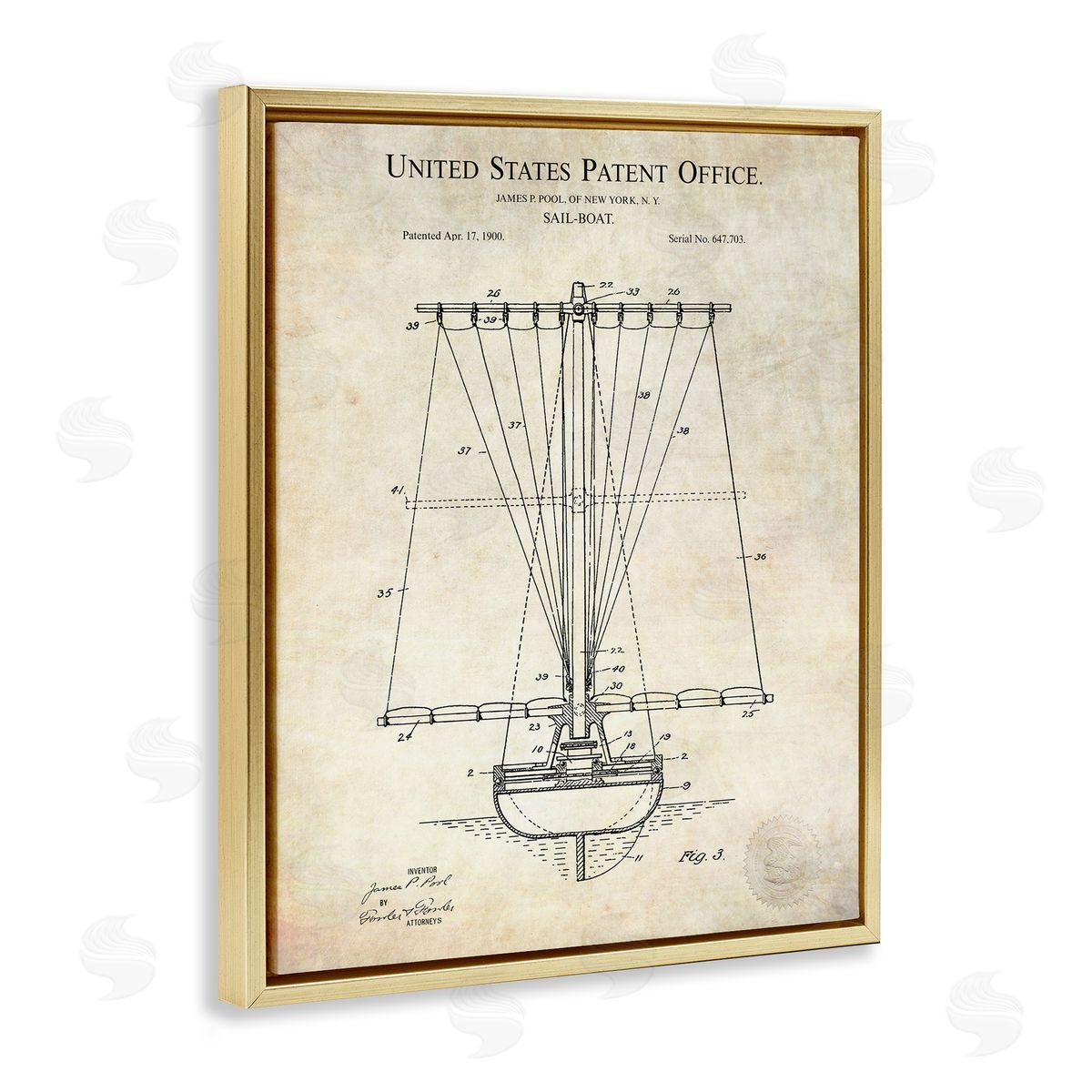 Karl Hronek Vintage Sailboat Watercraft Detailed Diagram Blueprint  Gold Floating Frame Canvas Wall Art Print