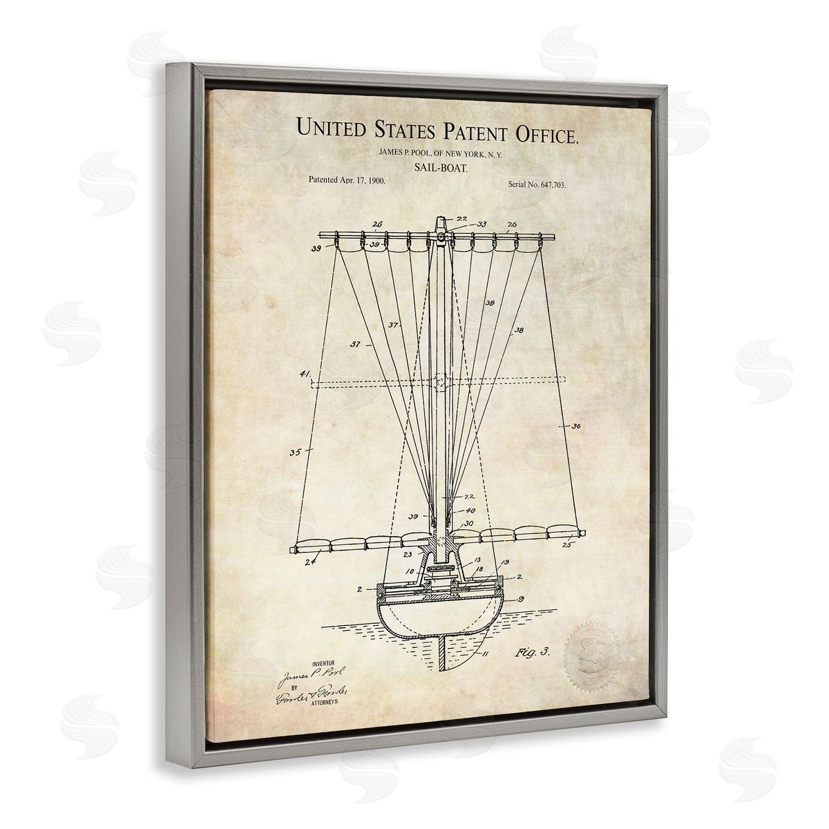 Karl Hronek Vintage Sailboat Watercraft Detailed Diagram Blueprint  Gray Floating Frame Canvas Wall Art Print