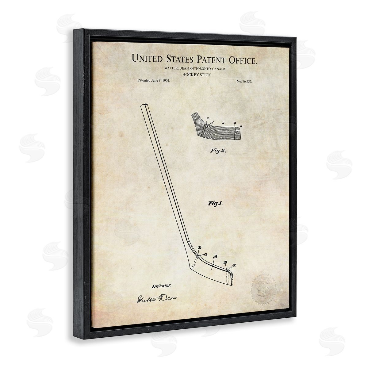 Karl Hronek Vintage Hockey Stick Sports Diagram Patent Blueprint Black Floating Frame Canvas Wall Art Print