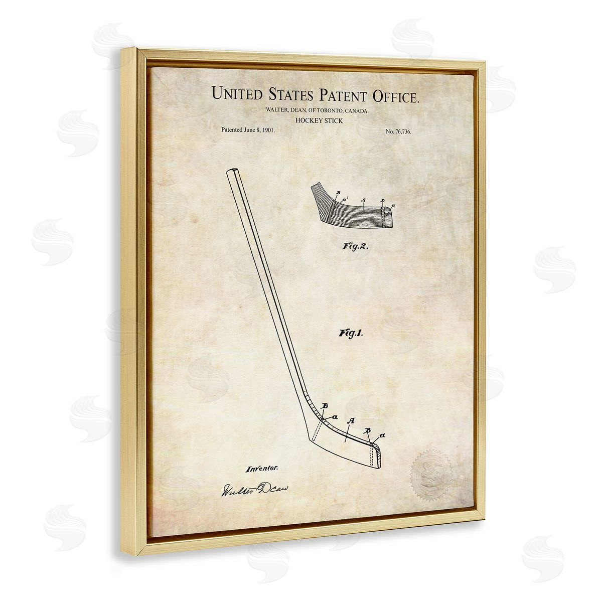 Karl Hronek Vintage Hockey Stick Sports Diagram Patent Blueprint Gold Floating Frame Canvas Wall Art Print