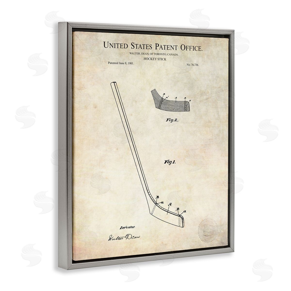 Karl Hronek Vintage Hockey Stick Sports Diagram Patent Blueprint Gray Floating Frame Canvas Wall Art Print