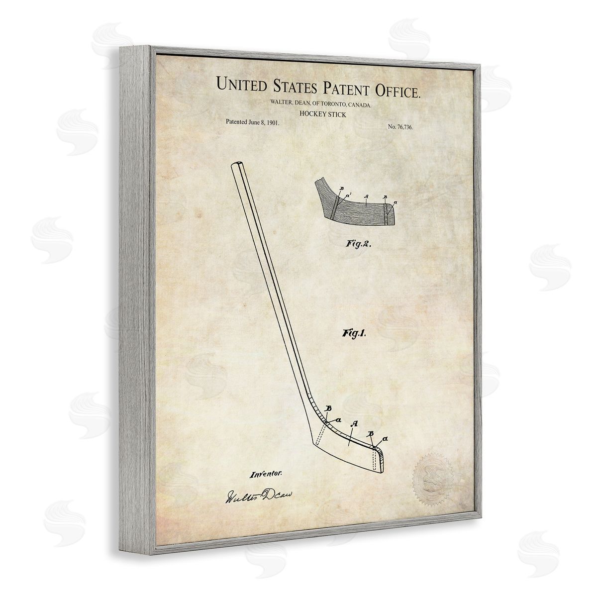 Karl Hronek Vintage Hockey Stick Sports Diagram Patent Blueprint Gray Framed Giclee Wall Art Print