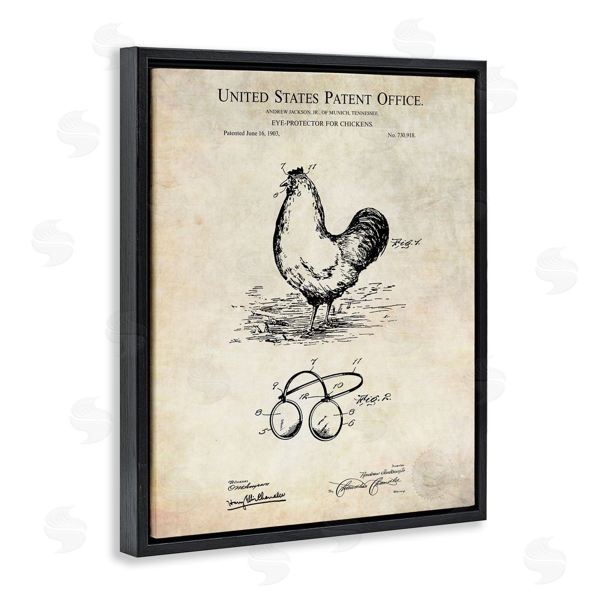 Karl Hronek Vintage Chicken Eye Protection Patent Blueprint Diagram Black Floating Frame Canvas Wall Art Print