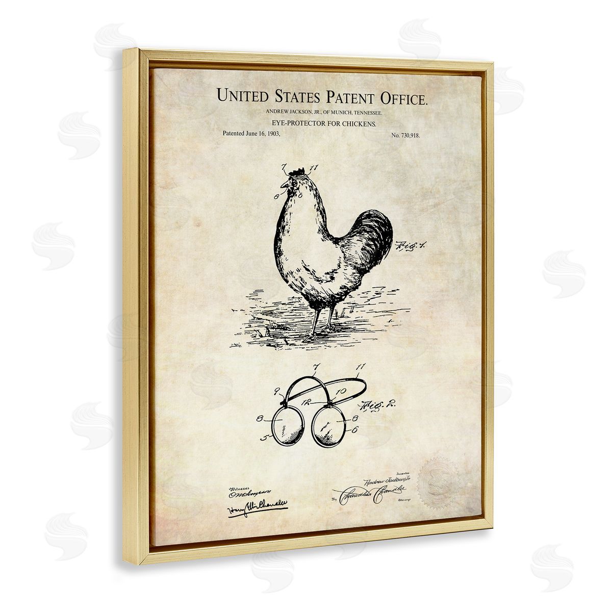 Karl Hronek Vintage Chicken Eye Protection Patent Blueprint Diagram Gold Floating Frame Canvas Wall Art Print