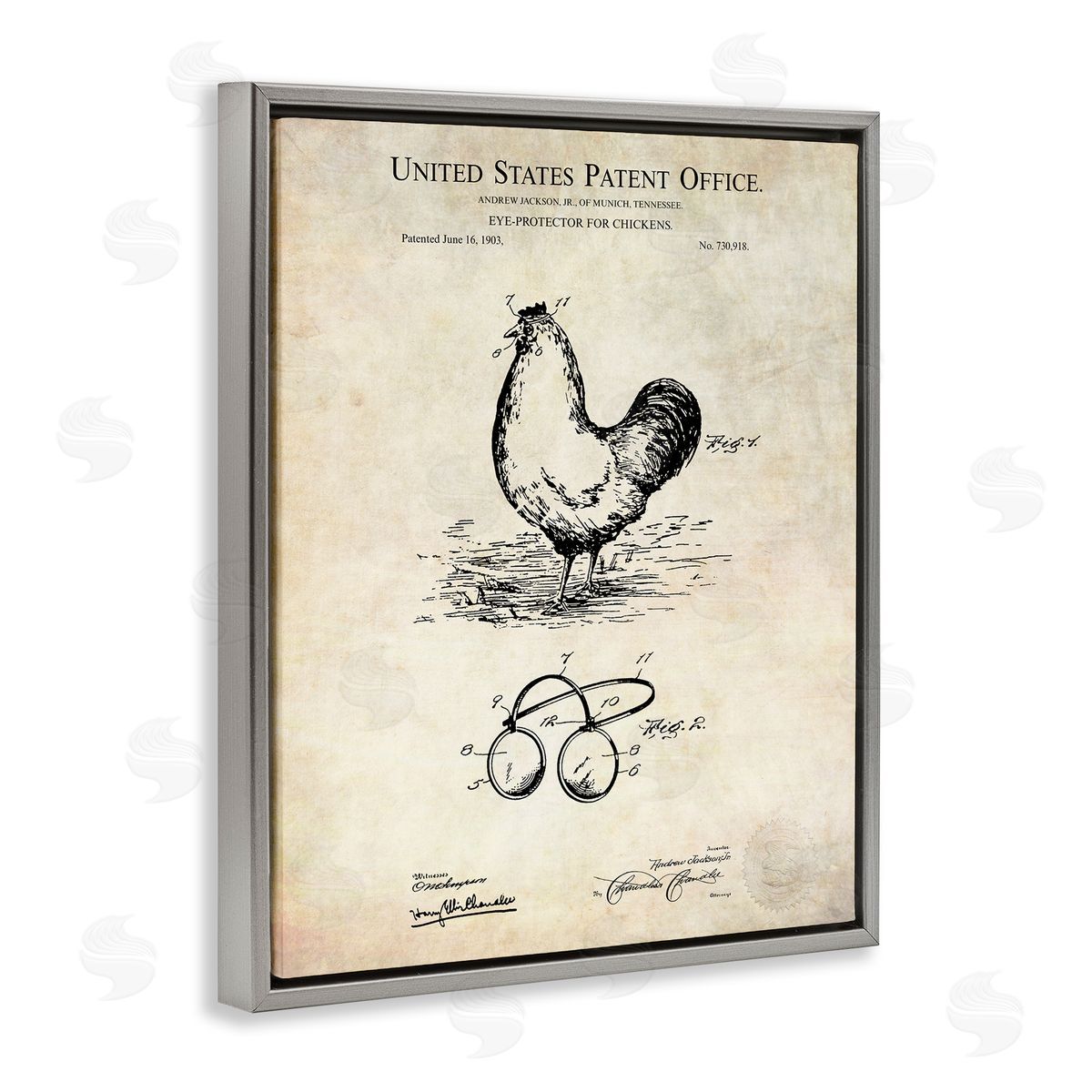 Karl Hronek Vintage Chicken Eye Protection Patent Blueprint Diagram Gray Floating Frame Canvas Wall Art Print