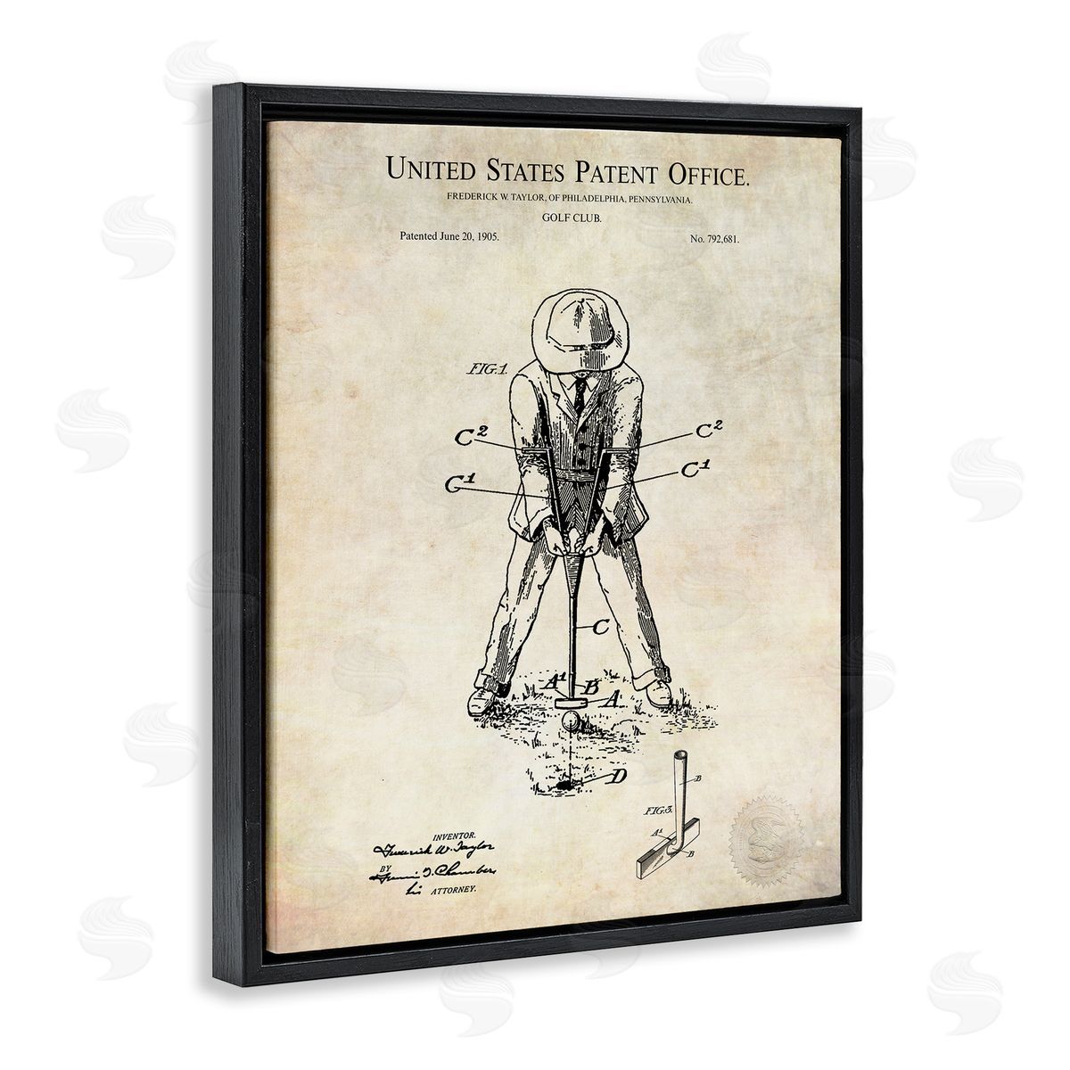 Karl Hronek Vintage Man Golfing Club Diagram Patent Text  Black Floating Frame Canvas Wall Art Print