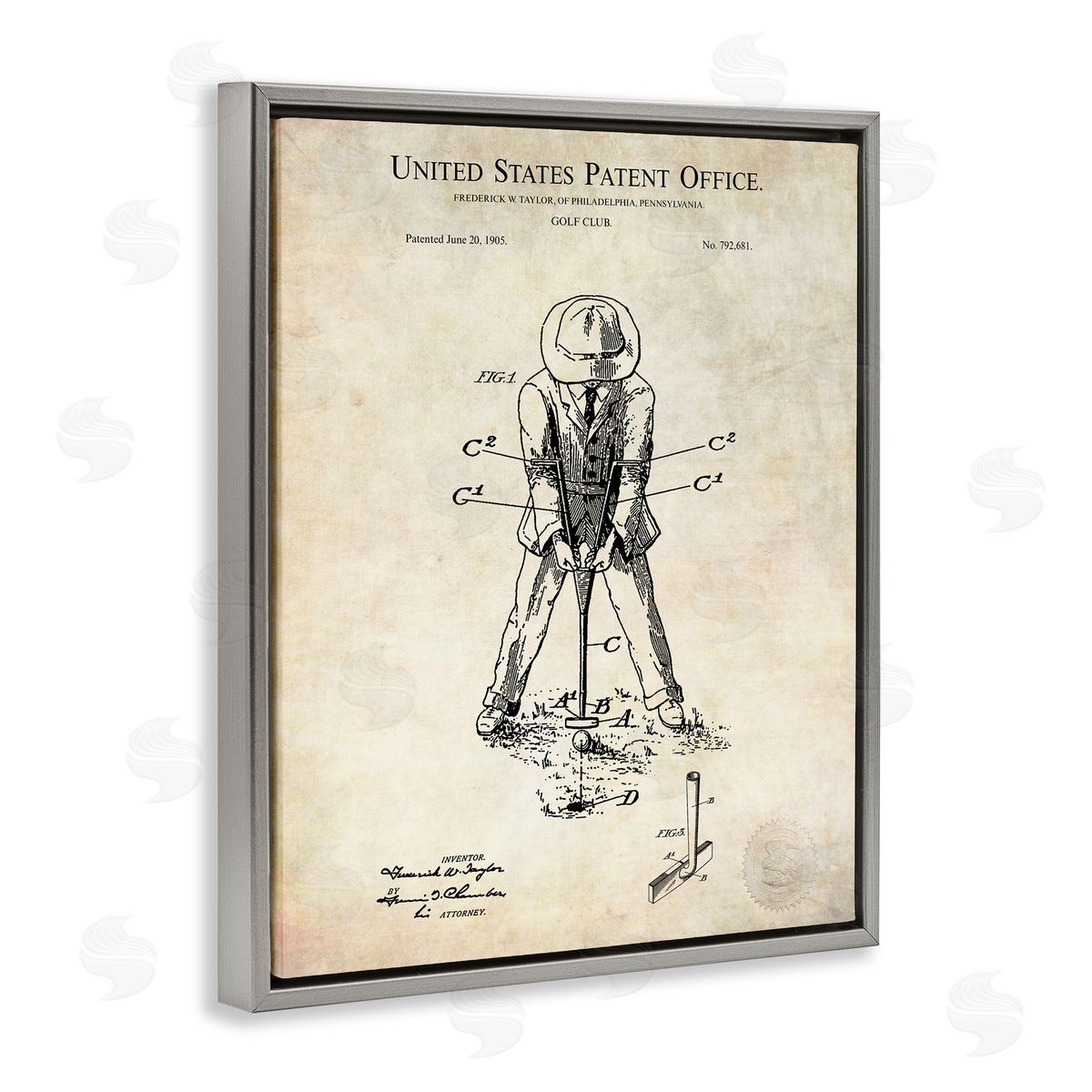 Karl Hronek Vintage Man Golfing Club Diagram Patent Text  Gray Floating Frame Canvas Wall Art Print
