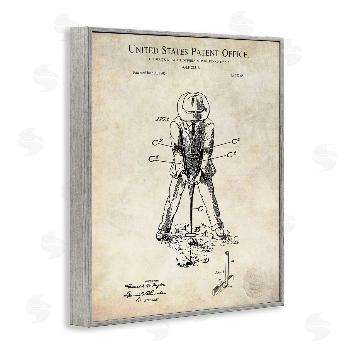Karl Hronek Vintage Man Golfing Club Diagram Patent Text  Gray Framed Giclee Wall Art Print