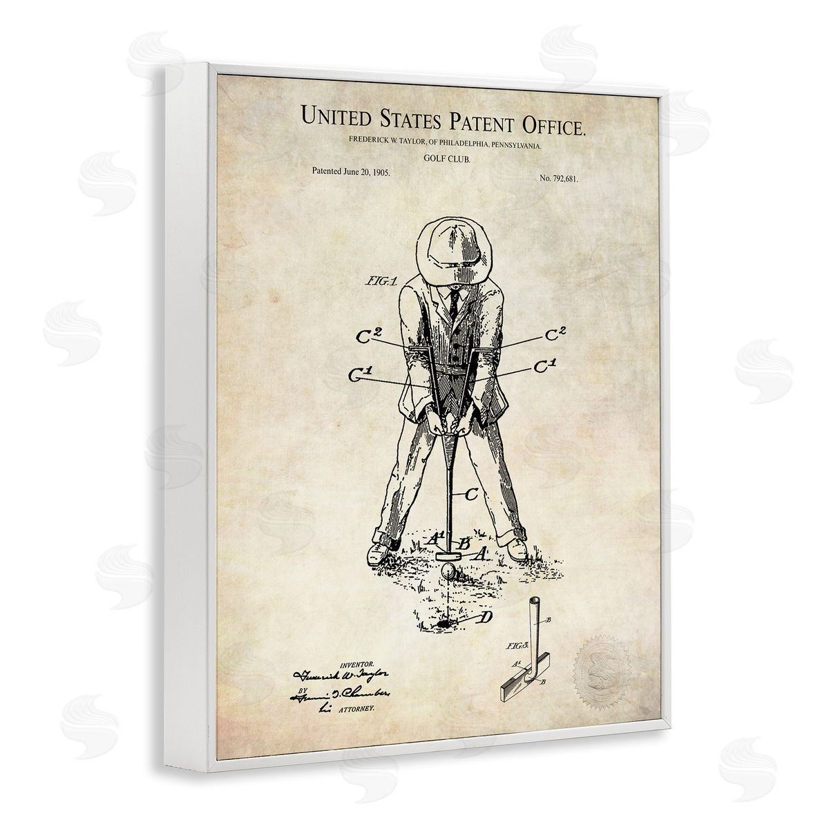 Karl Hronek Vintage Man Golfing Club Diagram Patent Text  White Framed Giclee Wall Art Print