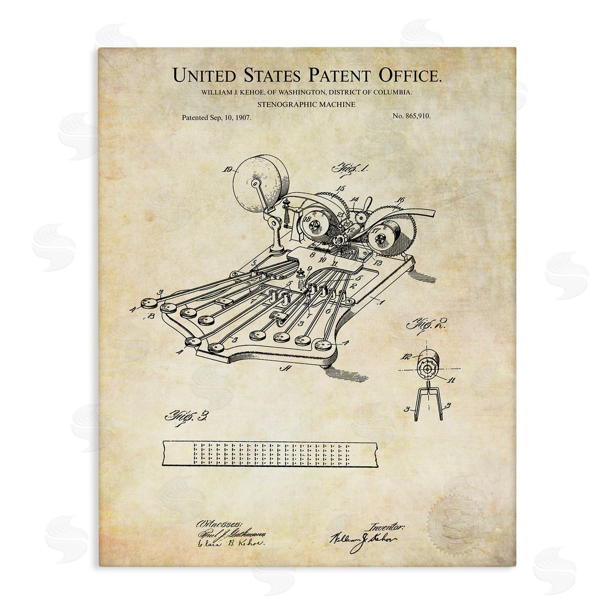 Karl Hronek Stenograph Machine Blueprint Diagram Detailed Patent Text  Stretched Canvas Wall Art Print