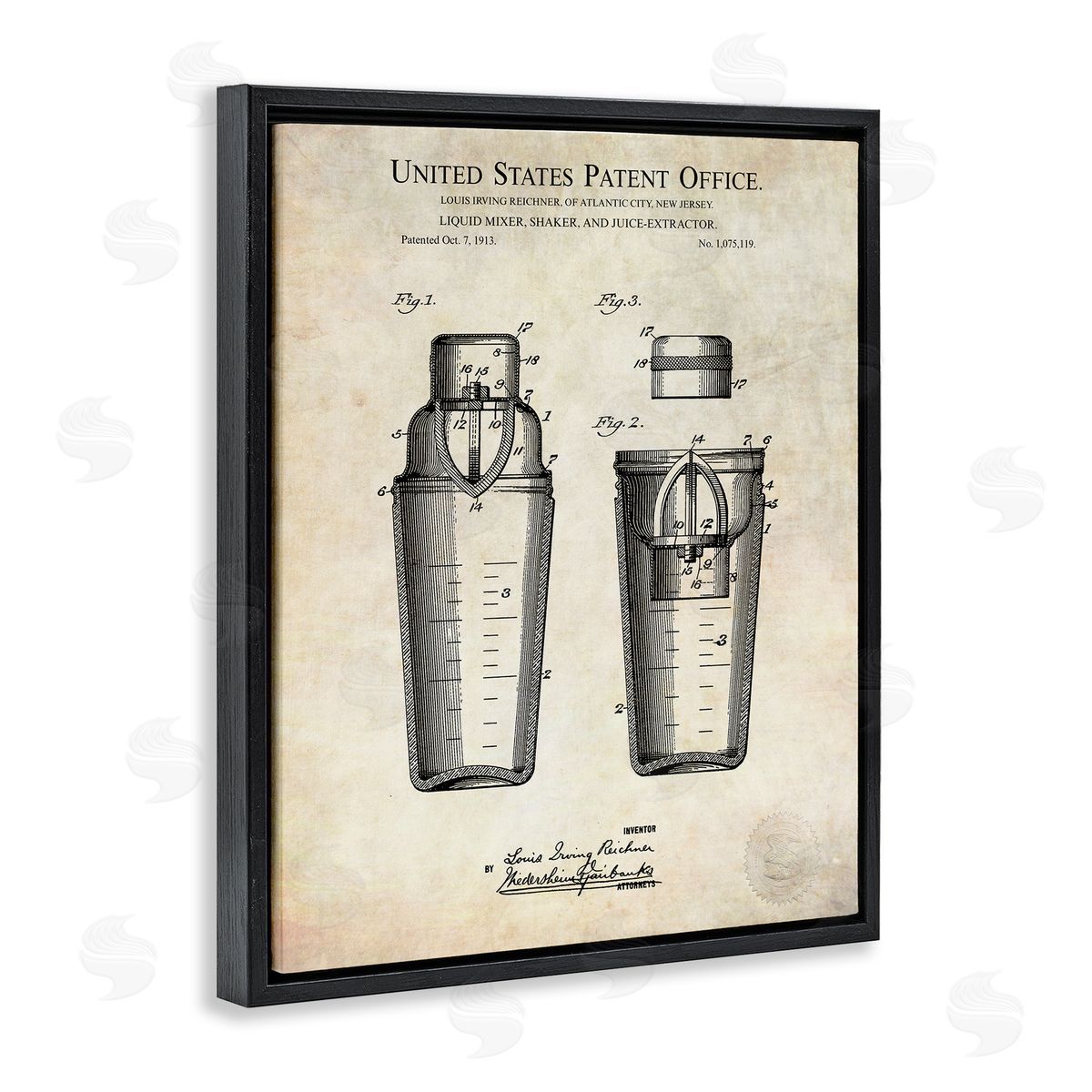 Karl Hronek Vintage Cocktail Drink Mixer Diagram Patent Text  Black Floating Frame Canvas Wall Art Print