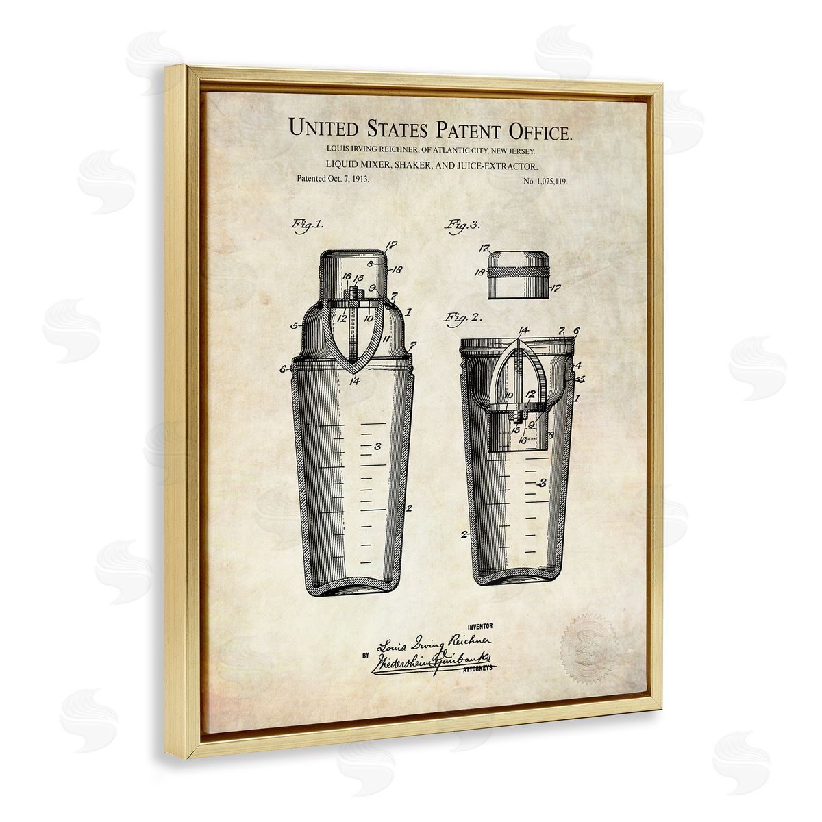 Karl Hronek Vintage Cocktail Drink Mixer Diagram Patent Text  Gold Floating Frame Canvas Wall Art Print