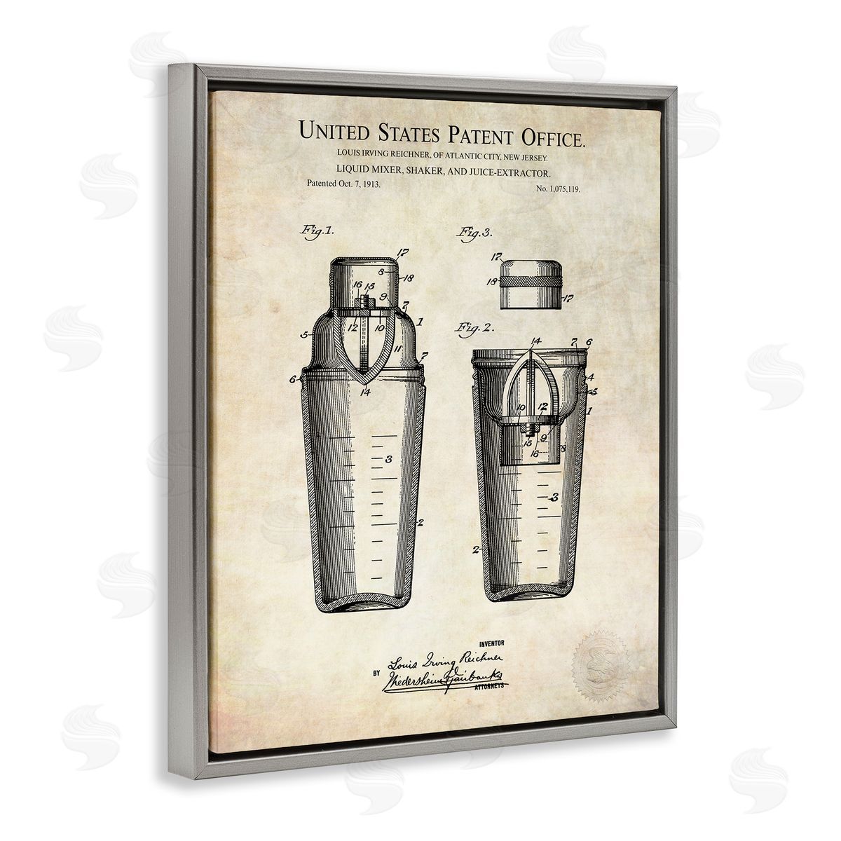 Karl Hronek Vintage Cocktail Drink Mixer Diagram Patent Text  Gray Floating Frame Canvas Wall Art Print