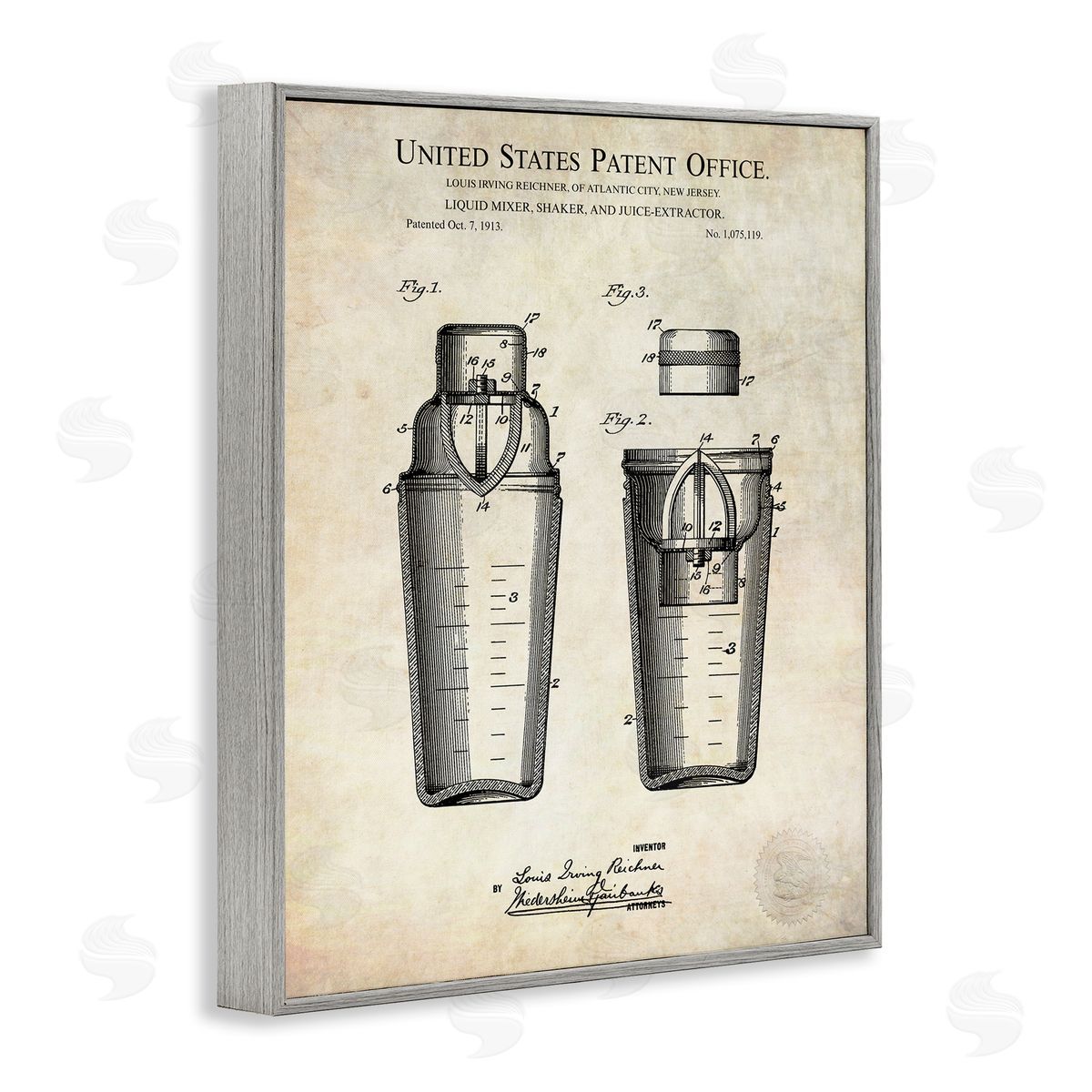 Karl Hronek Vintage Cocktail Drink Mixer Diagram Patent Text  Gray Framed Giclee Wall Art Print