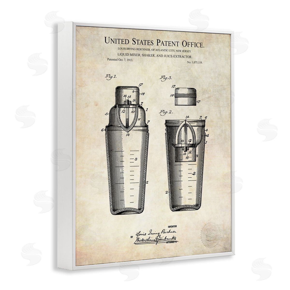 Karl Hronek Vintage Cocktail Drink Mixer Diagram Patent Text  White Framed Giclee Wall Art Print