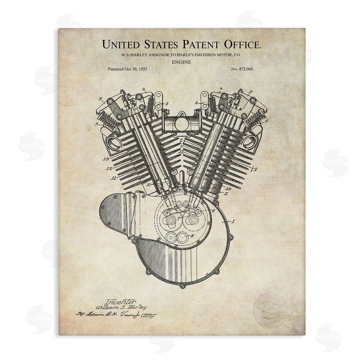 Karl Hronek Detailed Engine Machine Diagram Blueprint Patent Text  Stretched Canvas Wall Art Print