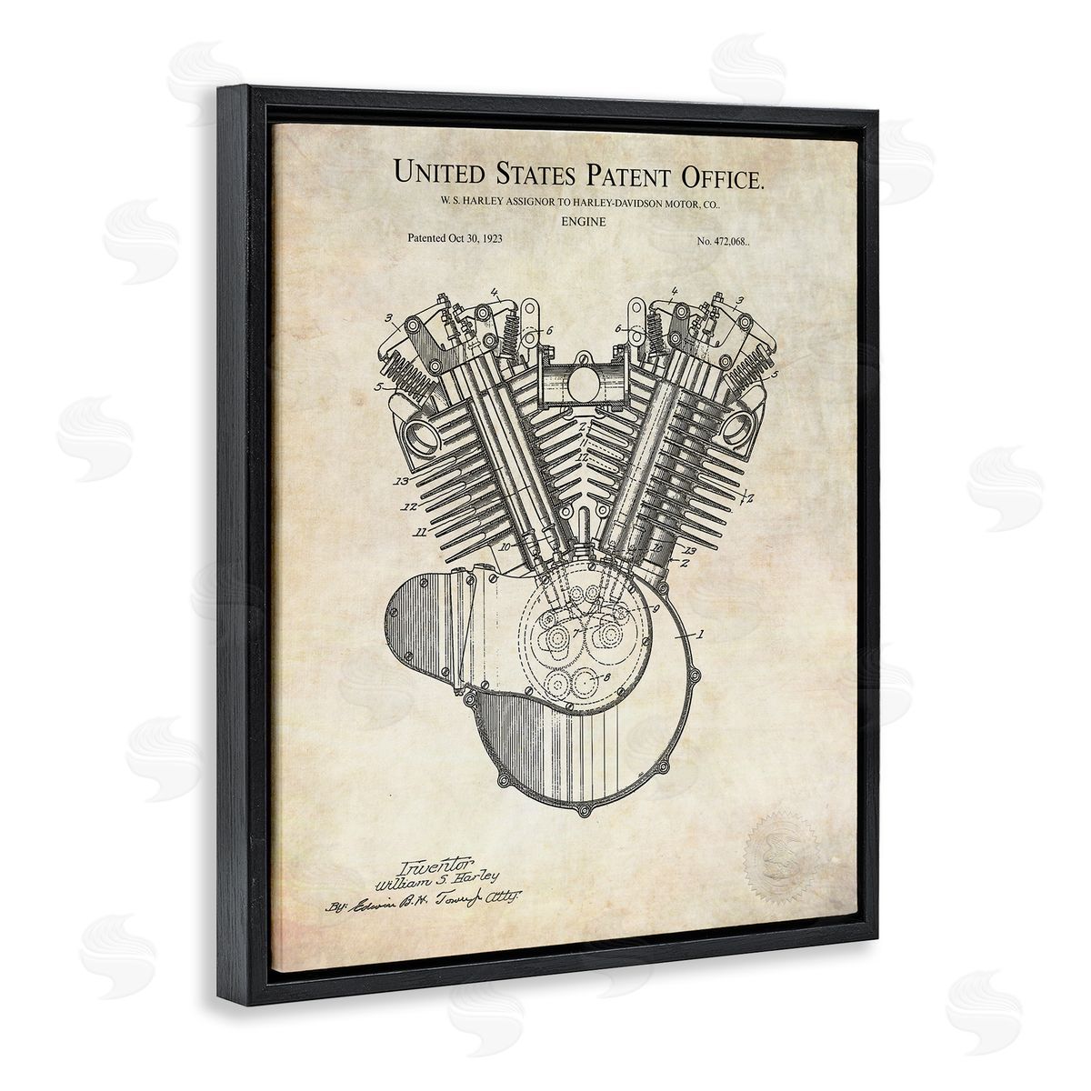Karl Hronek Detailed Engine Machine Diagram Blueprint Patent Text  Black Floating Frame Canvas Wall Art Print