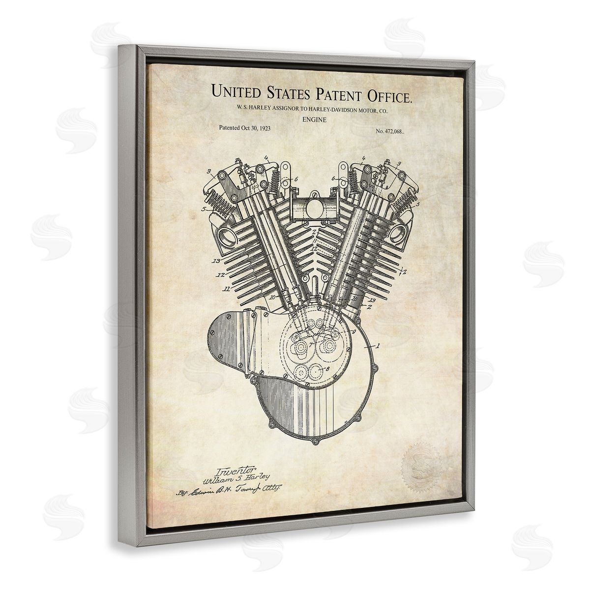 Karl Hronek Detailed Engine Machine Diagram Blueprint Patent Text  Gray Floating Frame Canvas Wall Art Print