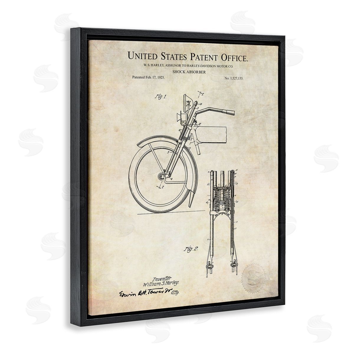 Karl Hronek Vintage Shock Absorber Invention Patent Diagram  Black Floating Frame Canvas Wall Art Print