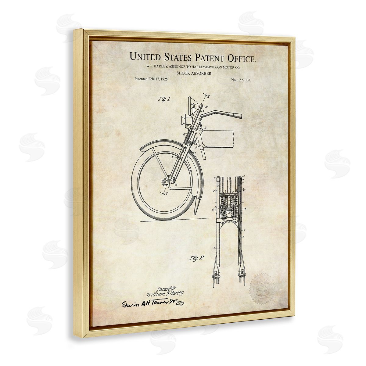 Karl Hronek Vintage Shock Absorber Invention Patent Diagram  Gold Floating Frame Canvas Wall Art Print