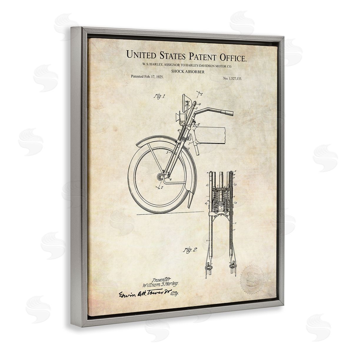 Karl Hronek Vintage Shock Absorber Invention Patent Diagram  Gray Floating Frame Canvas Wall Art Print