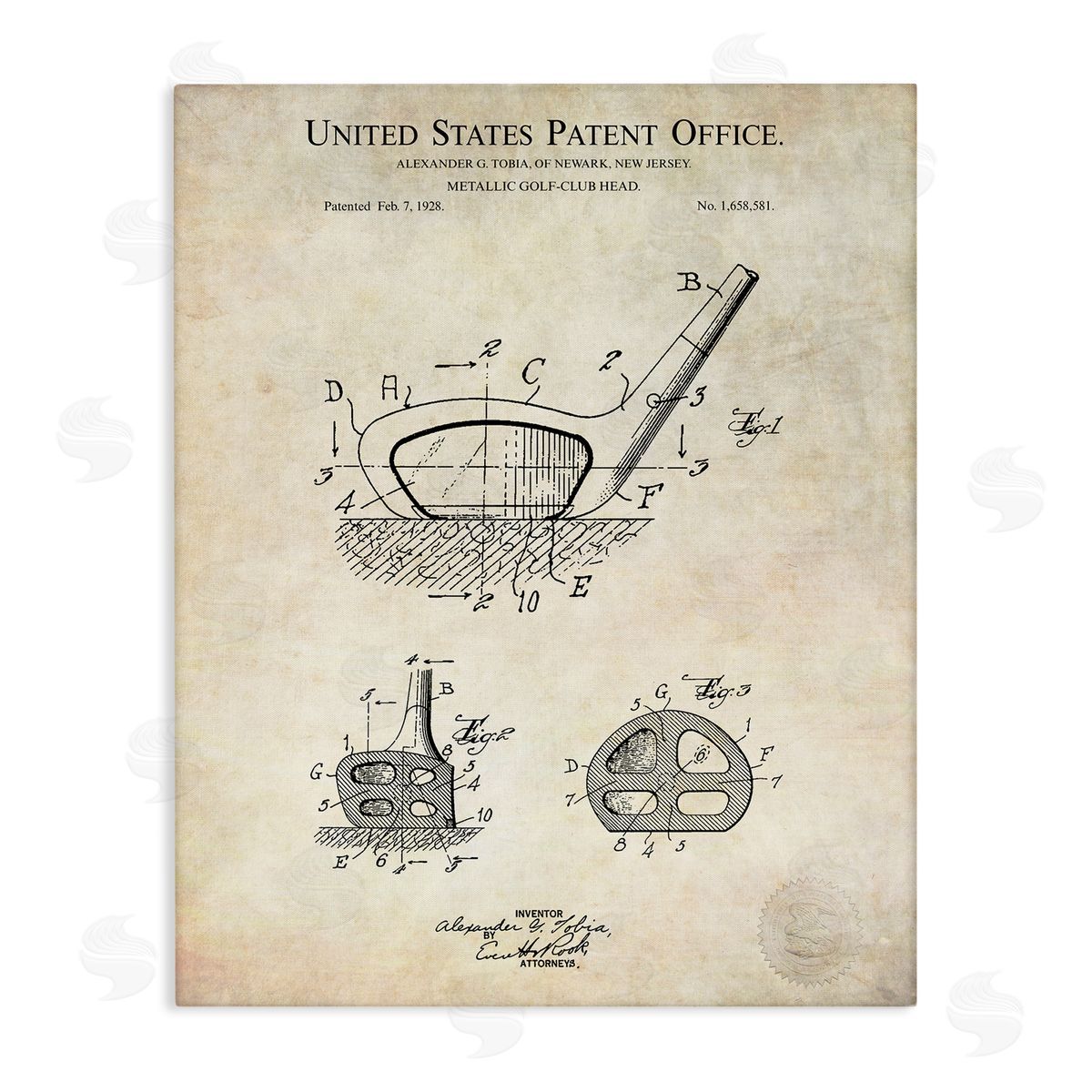 Karl Hronek Golf Club Head Detailed Blueprint Patent Stretched Canvas Wall Art Print