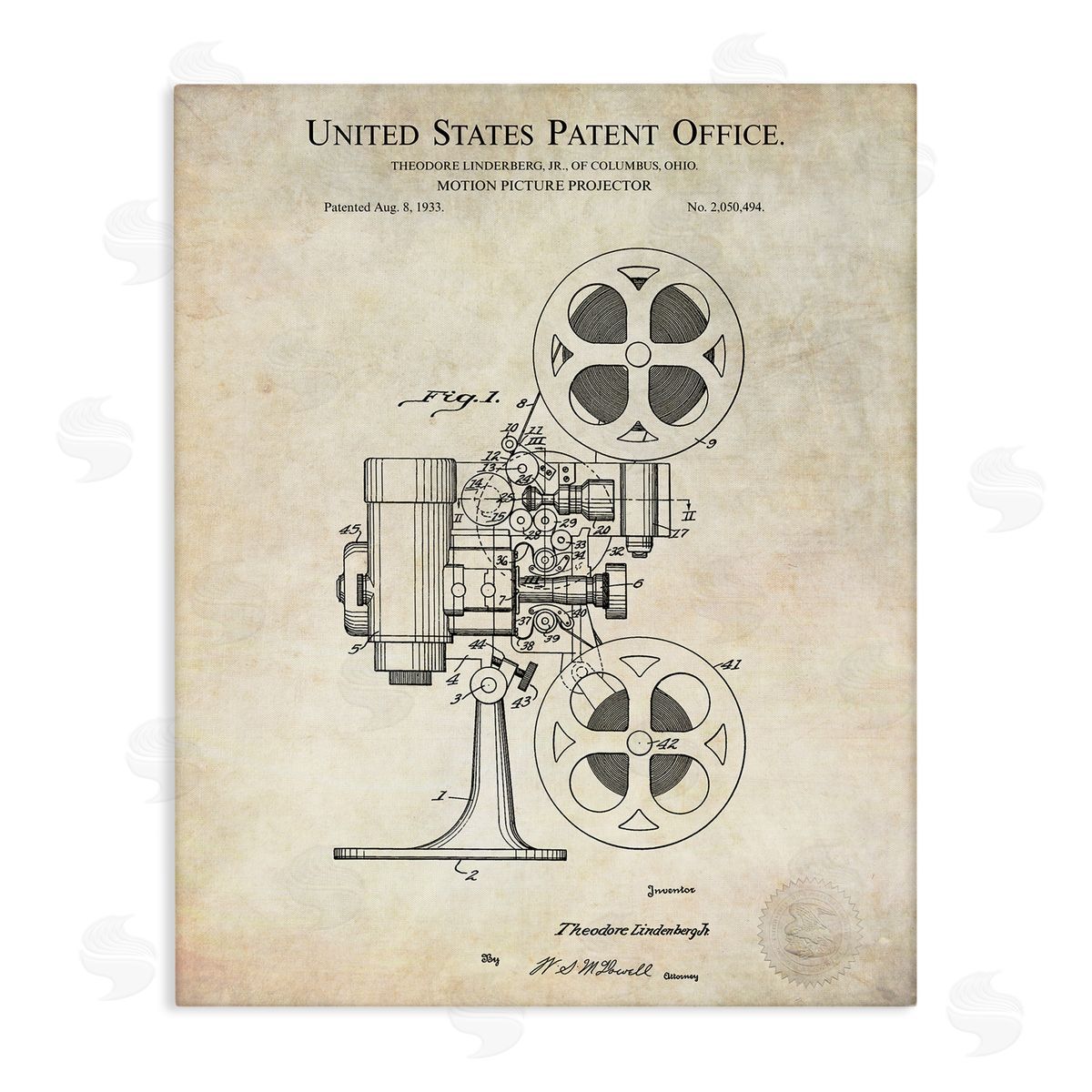 Karl Hronek Motion Picture Projector Patent Blueprint Diagram Stretched Canvas Wall Art Print