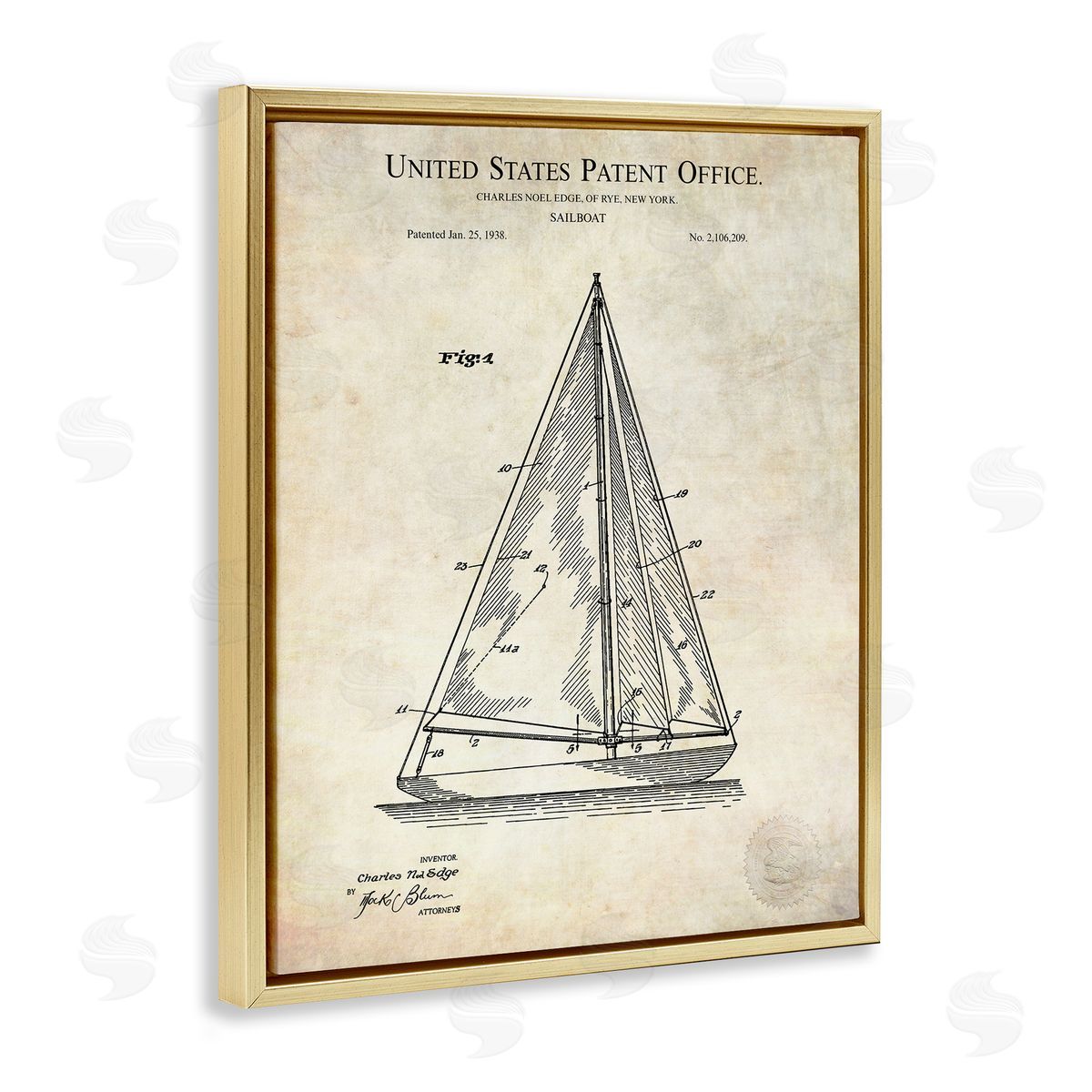 Karl Hronek Vintage Sailboat Watercraft Diagram Patent Text Blueprint  Gold Floating Frame Canvas Wall Art Print