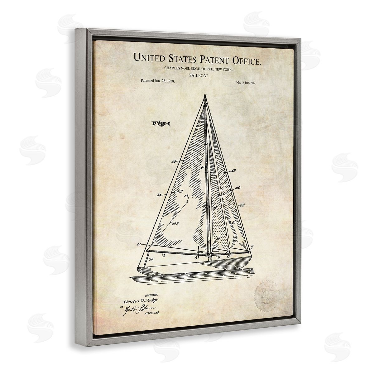 Karl Hronek Vintage Sailboat Watercraft Diagram Patent Text Blueprint  Gray Floating Frame Canvas Wall Art Print