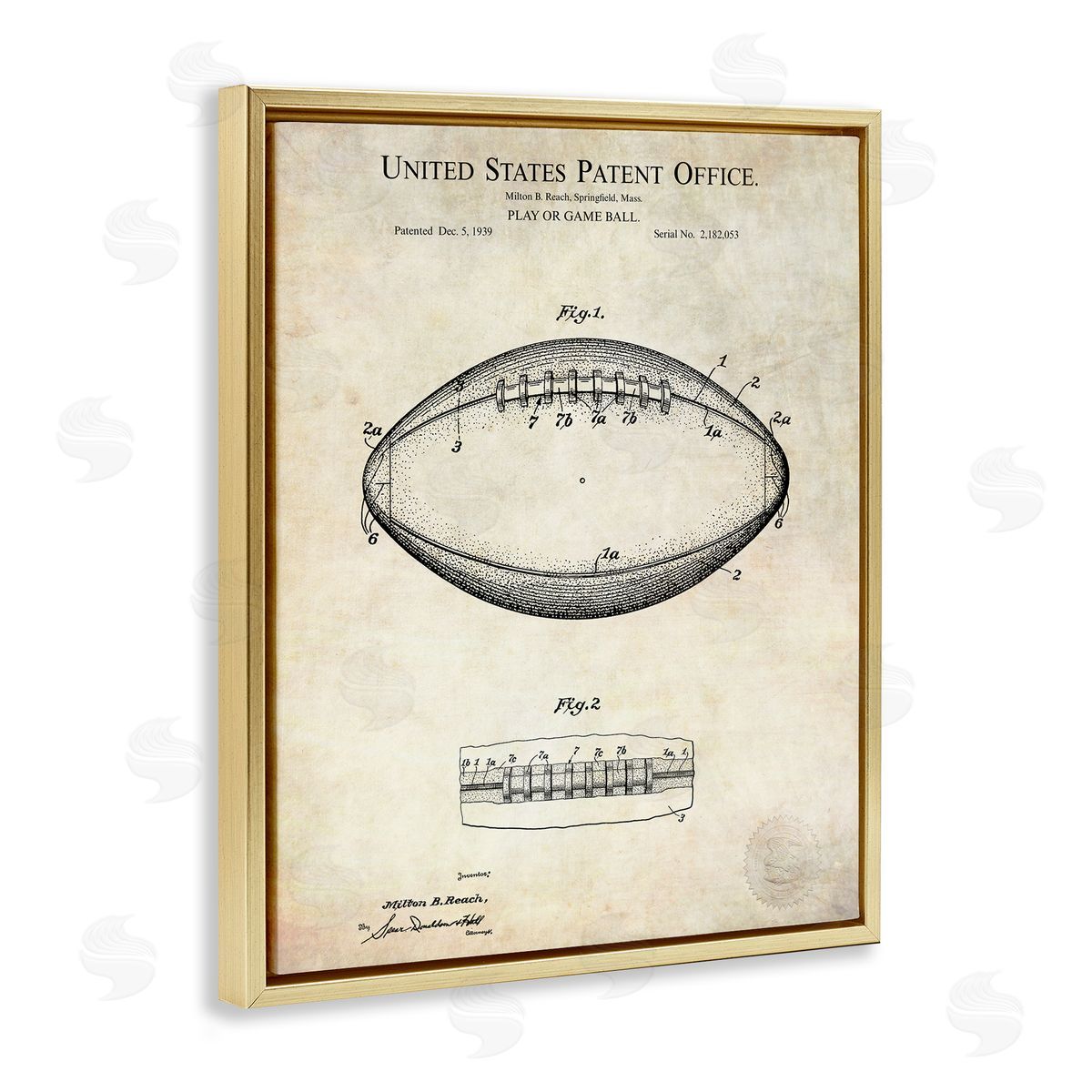 American Football Sports Blueprint Gold Floating Frame Canvas Wall Art, Home Decor by Karl Hronek