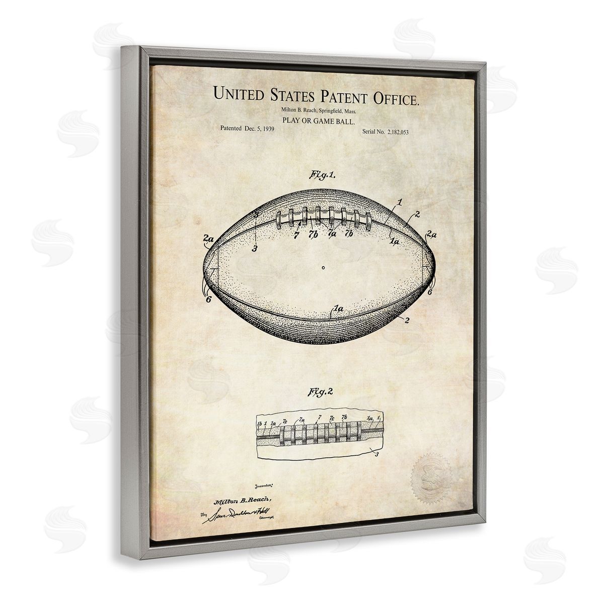 American Football Sports Blueprint Grey Floating Frame Canvas Wall Art, Home Decor by Karl Hronek