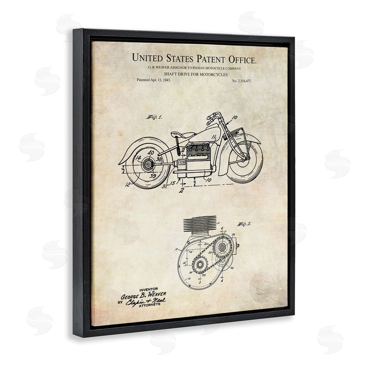 Karl Hronek Vintage Motorcycle Shaft Drive Machinery Blueprint Diagram  Black Floating Frame Canvas Wall Art Print