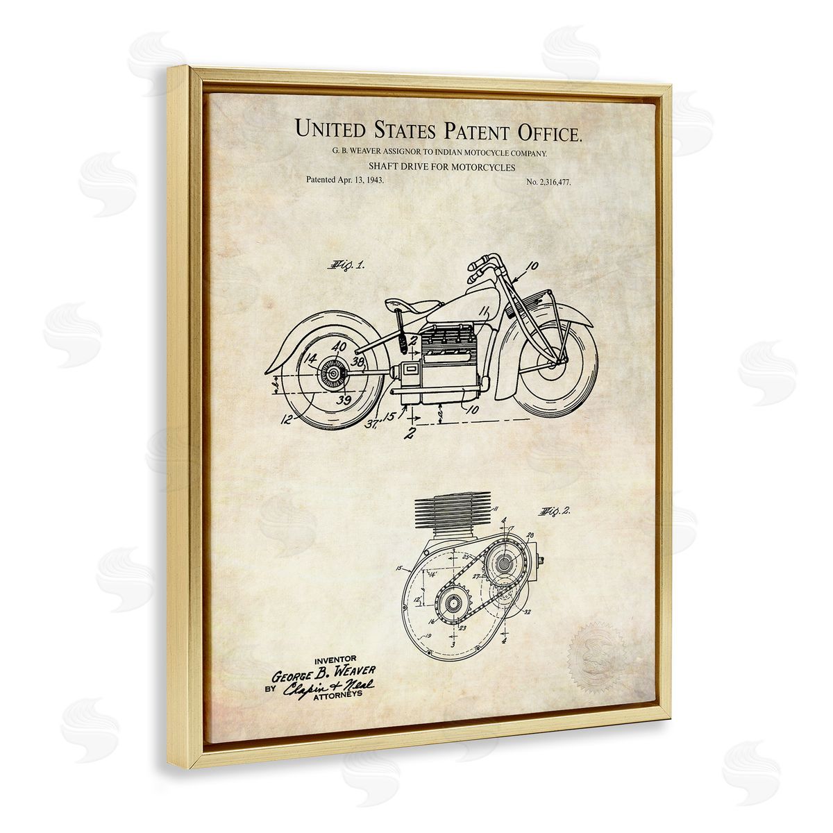 Karl Hronek Vintage Motorcycle Shaft Drive Machinery Blueprint Diagram  Gold Floating Frame Canvas Wall Art Print