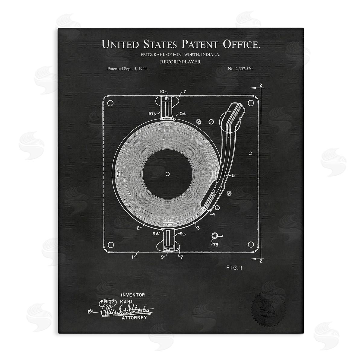 Karl Hronek Turntable Record Player Diagram Blueprint Patent Text  Stretched Canvas Wall Art Print