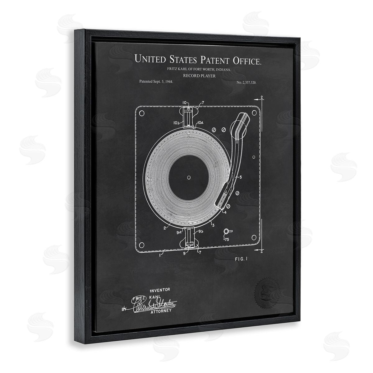 Karl Hronek Turntable Record Player Diagram Blueprint Patent Text  Black Floating Frame Canvas Wall Art Print