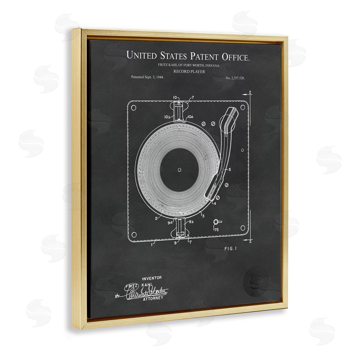 Karl Hronek Turntable Record Player Diagram Blueprint Patent Text  Gold Floating Frame Canvas Wall Art Print