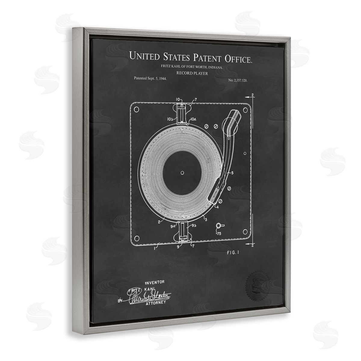 Karl Hronek Turntable Record Player Diagram Blueprint Patent Text  Gray Floating Frame Canvas Wall Art Print
