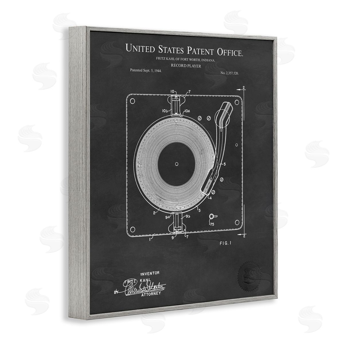 Karl Hronek Turntable Record Player Diagram Blueprint Patent Text  Gray Framed Giclee Wall Art Print