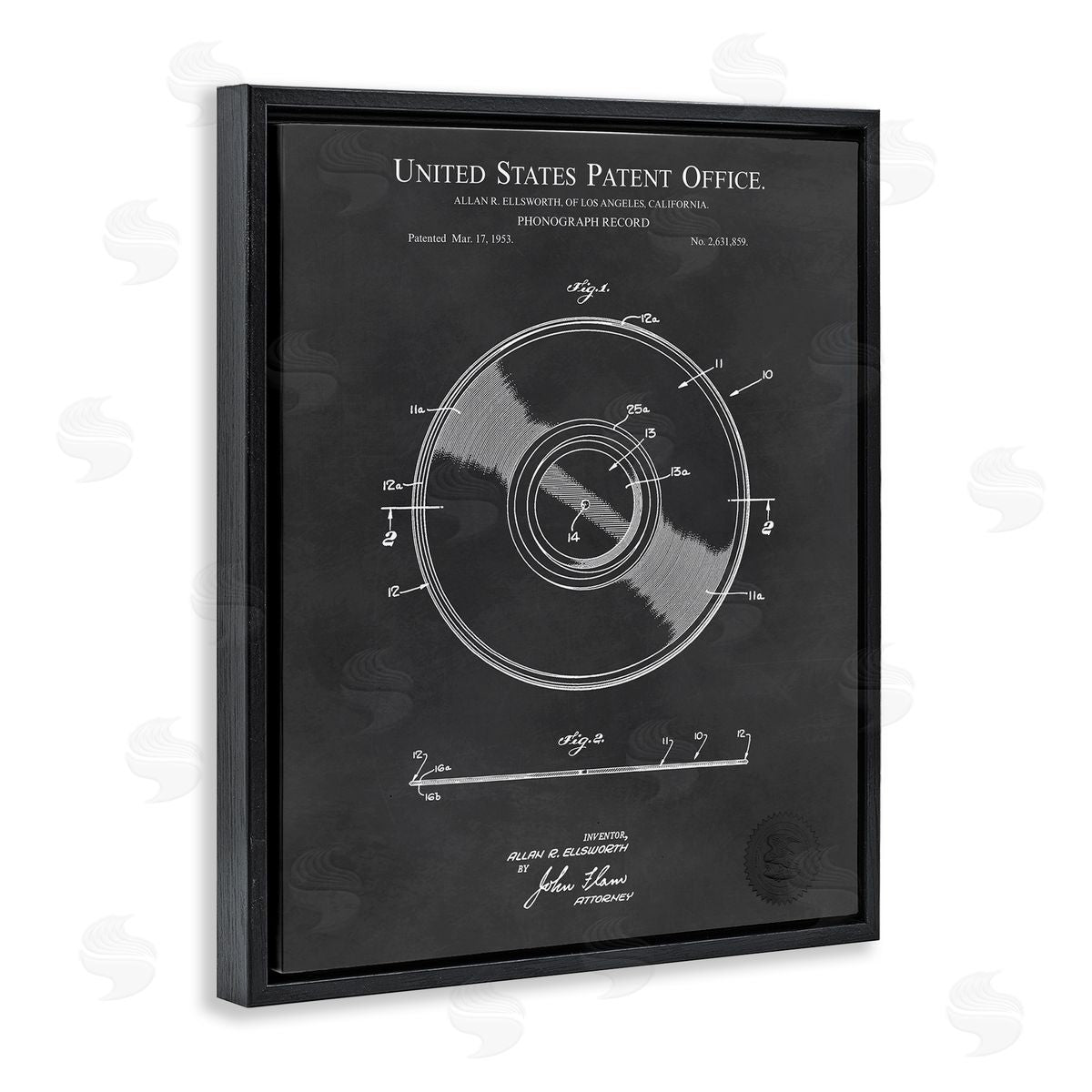 Karl Hronek Phonograph Record Player Detailed Music Diagram Blueprint Black Floating Frame Canvas Wall Art Print