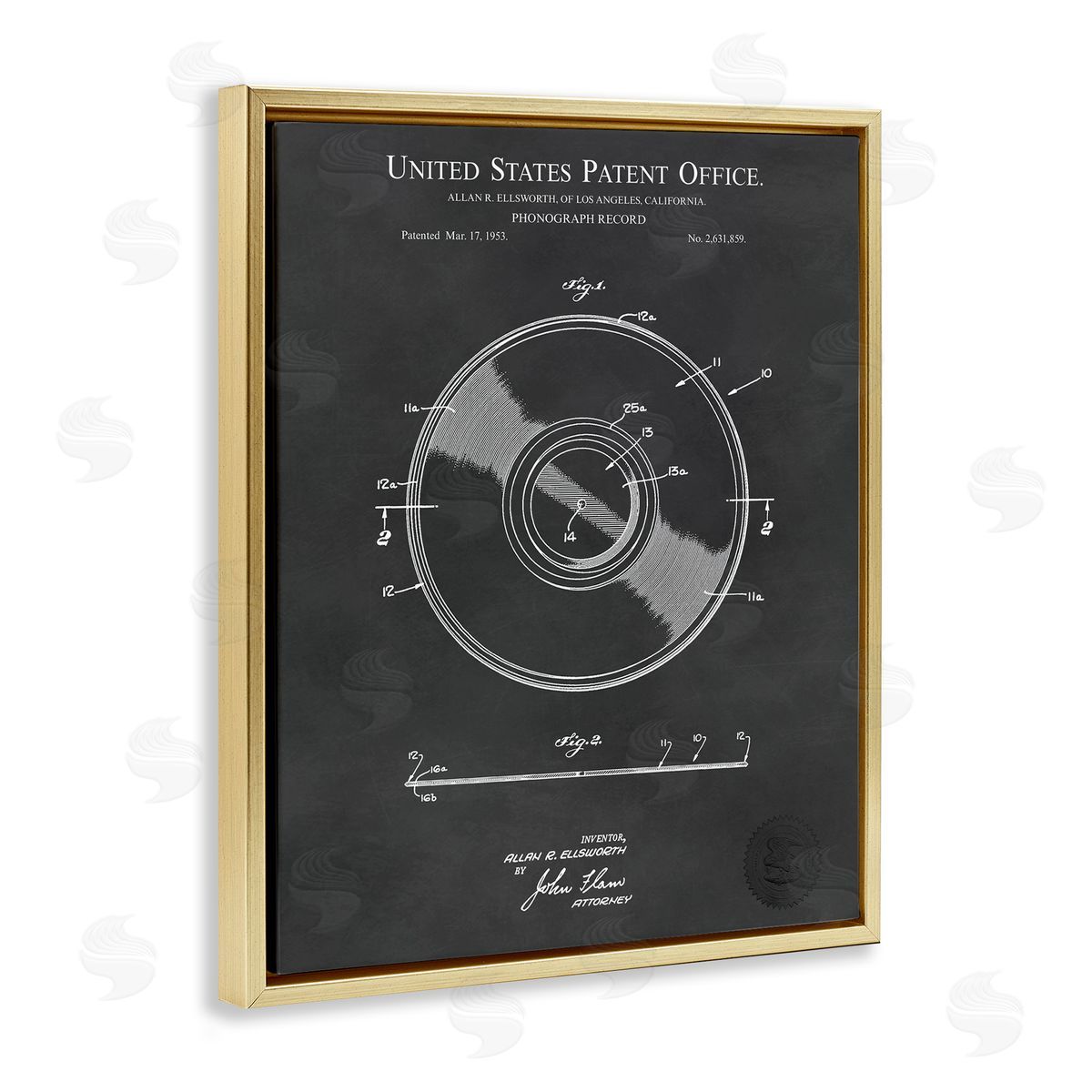 Karl Hronek Phonograph Record Player Detailed Music Diagram Blueprint Gold Floating Frame Canvas Wall Art Print