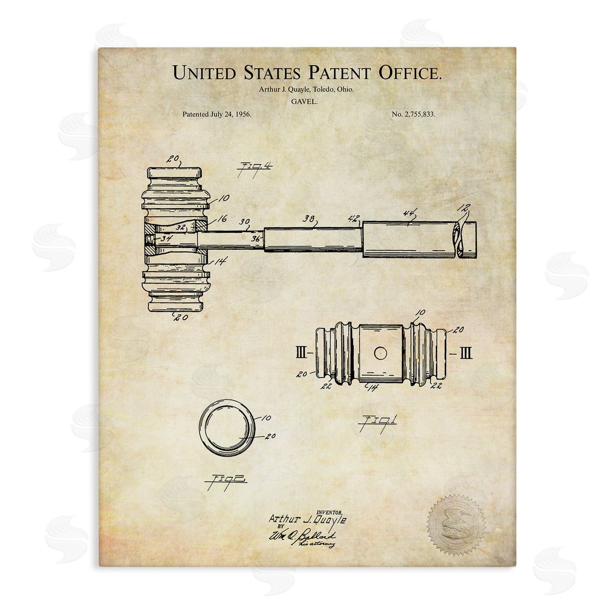 Karl Hronek Vintage Gavel Invention Diagram Patent Text Blueprint  Stretched Canvas Wall Art Print
