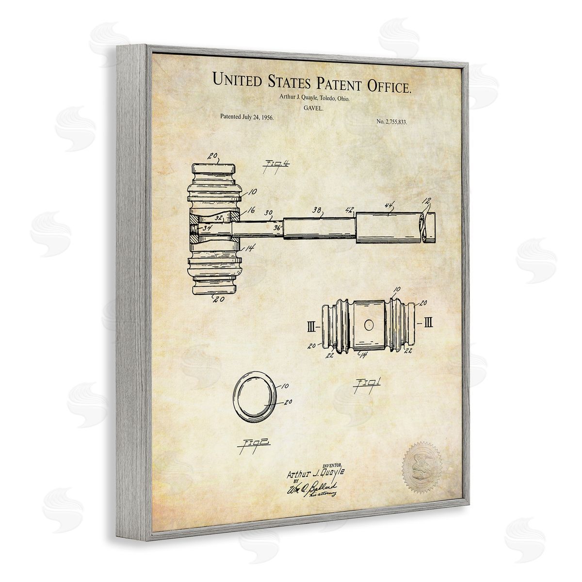 Karl Hronek Vintage Gavel Invention Diagram Patent Text Blueprint  Gray Framed Giclee Wall Art Print