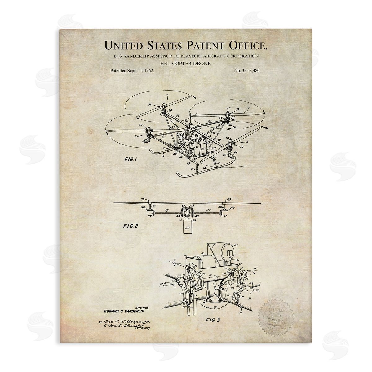 Karl Hronek Helicopter Aircraft Engine Blueprint Diagram Patent Text  Stretched Canvas Wall Art Print