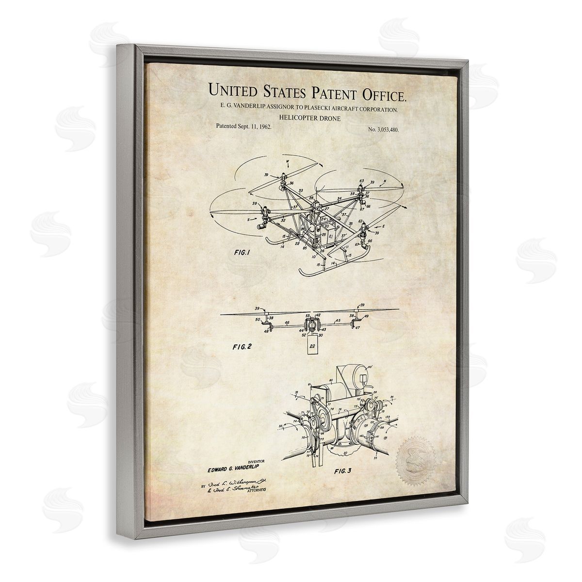 Karl Hronek Helicopter Aircraft Engine Blueprint Diagram Patent Text  Gray Floating Frame Canvas Wall Art Print