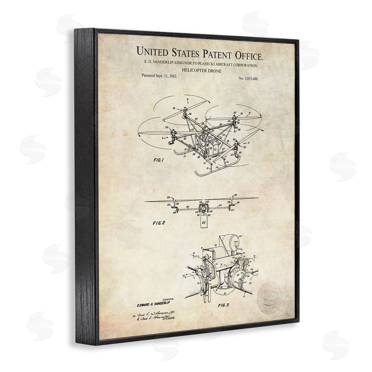 Karl Hronek Helicopter Aircraft Engine Blueprint Diagram Patent Text  Black Framed Giclee Wall Art Print