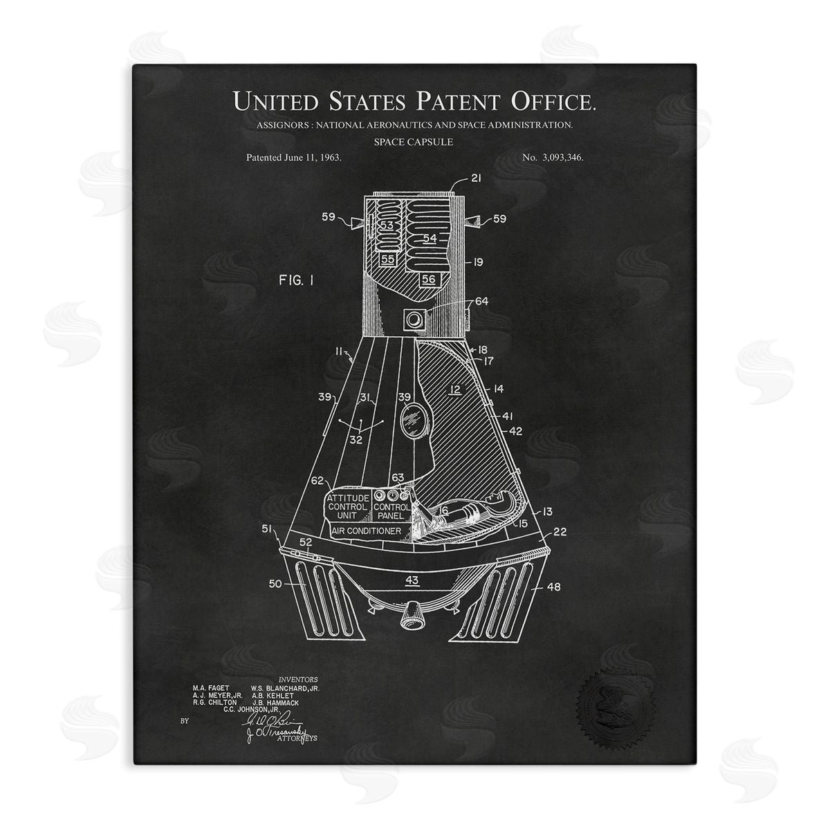Karl Hronek Space Capsule Aircraft Detailed Blueprint Diagram Stretched Canvas Wall Art Print