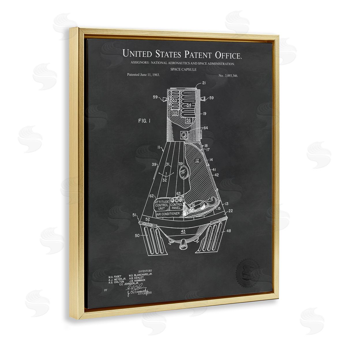 Karl Hronek Space Capsule Aircraft Detailed Blueprint Diagram Gold Floating Frame Canvas Wall Art Print