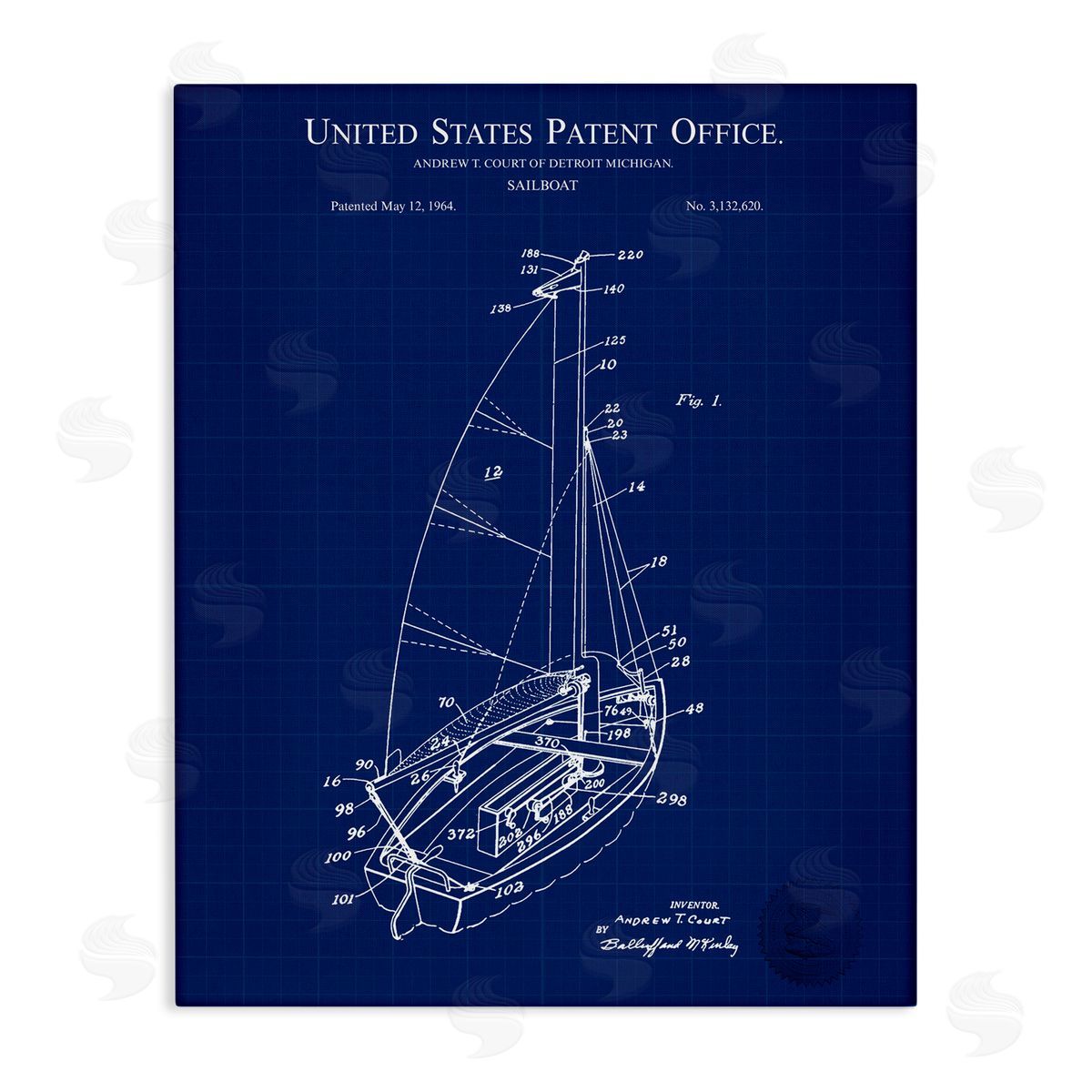 Karl Hronek Sailboat Watercraft Blue Patent Office Diagram Blueprint Stretched Canvas Wall Art Print