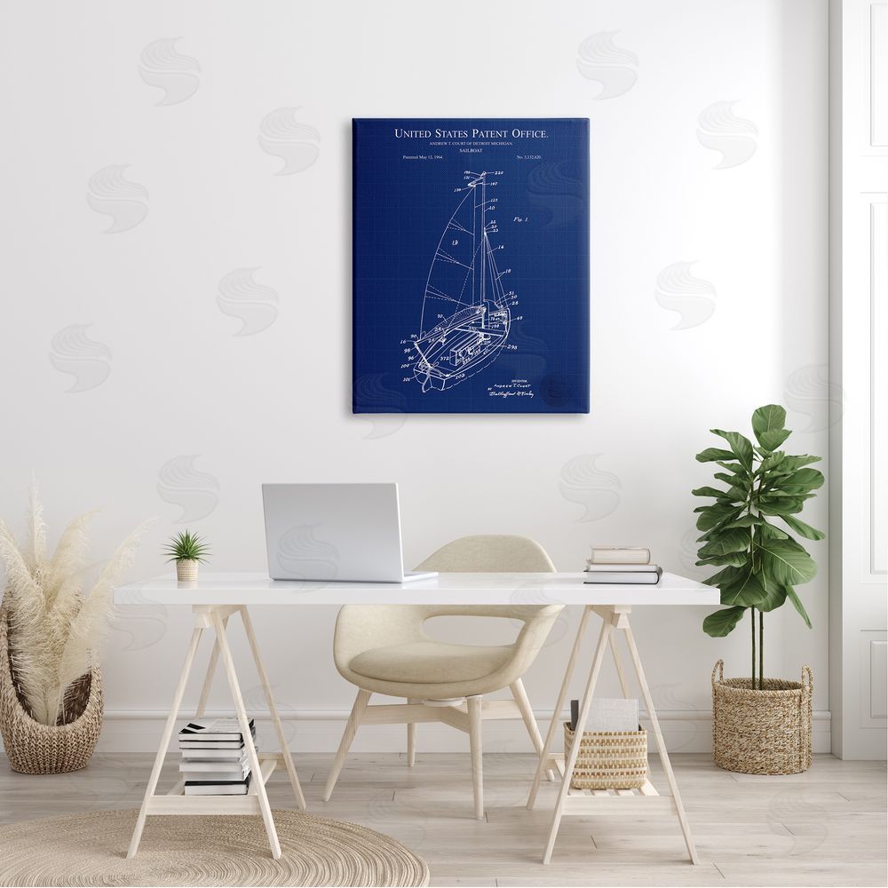 Karl Hronek Sailboat Watercraft Blue Patent Office Diagram Blueprint Canvas Wall Art Print in Room