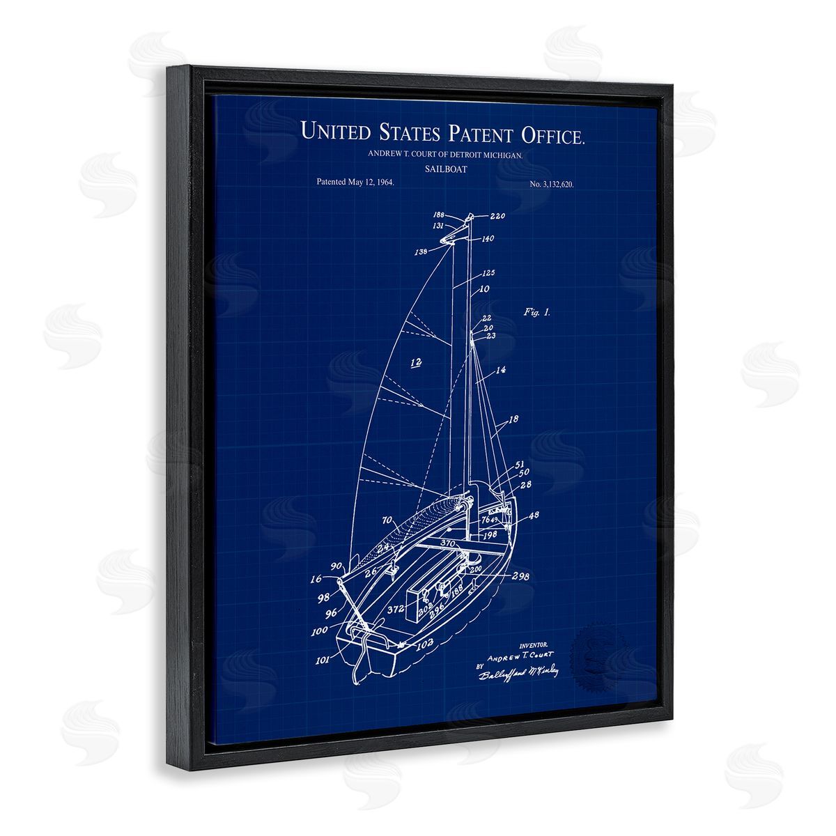 Karl Hronek Sailboat Watercraft Blue Patent Office Diagram Blueprint Black Floating Frame Canvas Wall Art Print